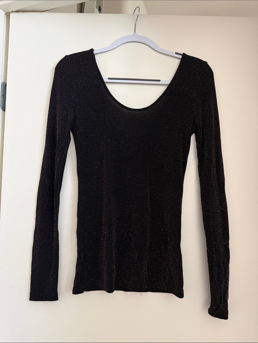 Sparkle & Fade Black Long-Sleeve Scoop Neck Shimmer Top